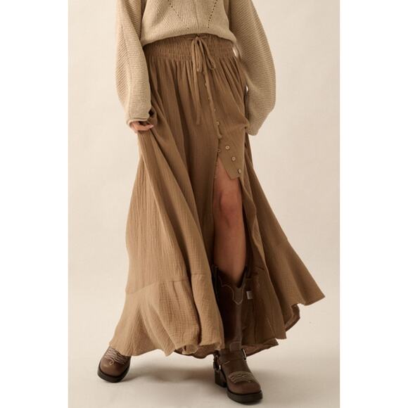Promesa Espresso Size Large Smocked Elastic-Waist Front-Slit Crepe Maxi Skirt